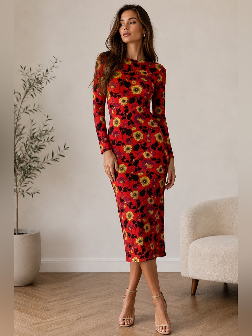 ZARA Red Floral Long Sleeve Bodycon Jersey Midi Dress